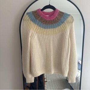Cream Knit Sweater with Pink and Blue Yoke